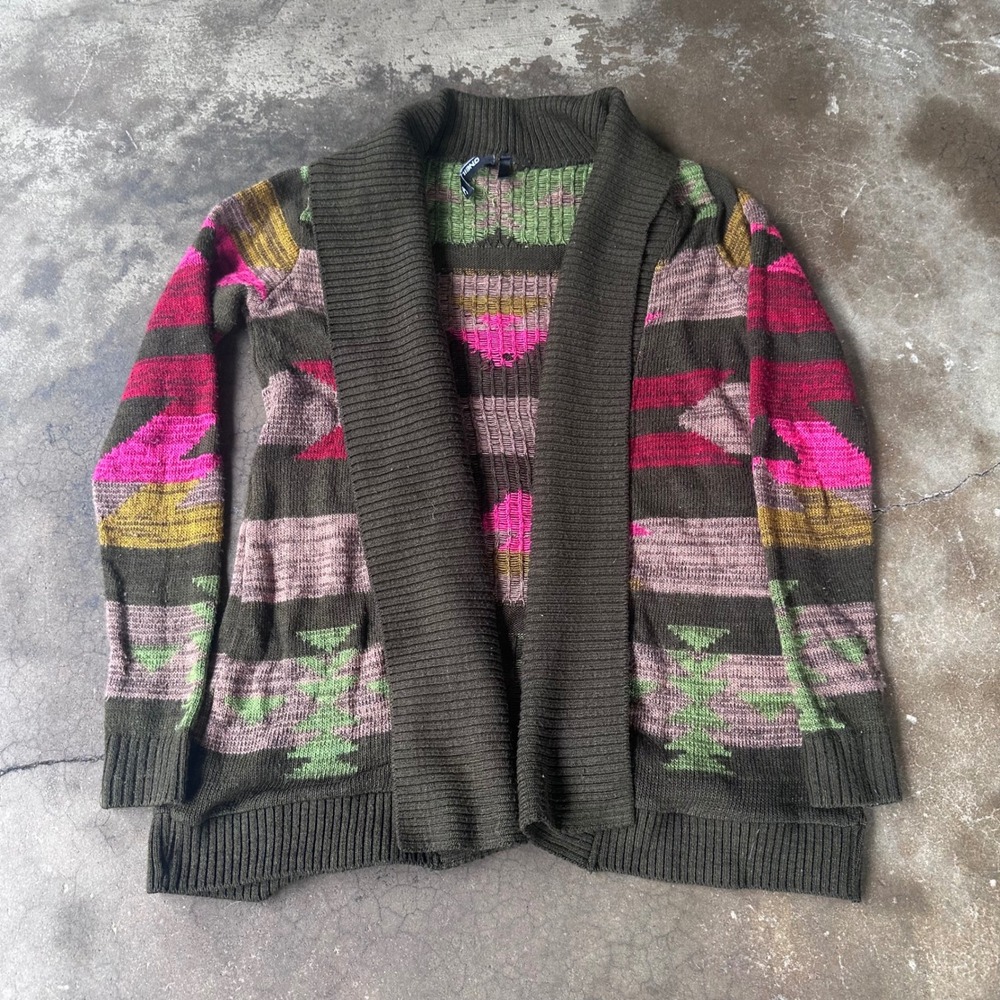 O'Neill Cardigan Women Medium Olive Green Excellent Southwest Geometric Knit